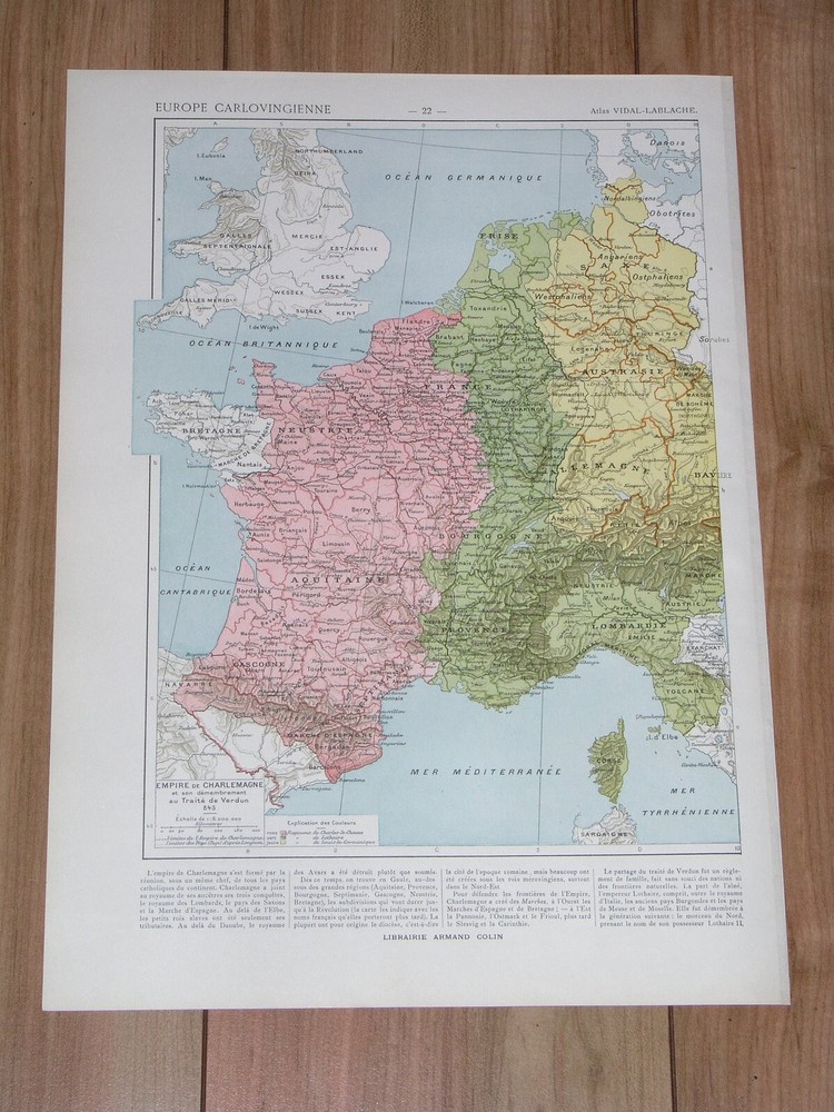 1925 Vintage Historical Map Of Charlemagne Empire / Merovingian Gaul / Franks
