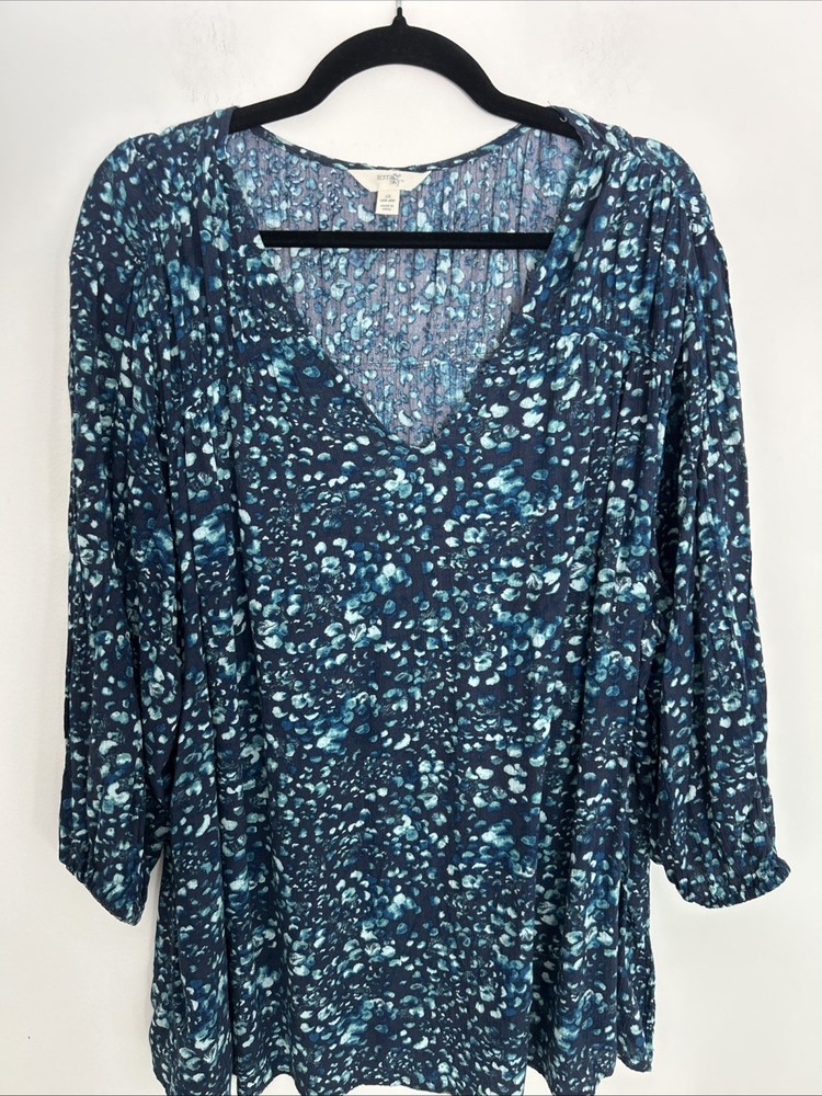 Terra & Sky Women's 1X (16 W/18W) V-Neck Blue Floral 3/4 Sleeve Boho Blouse