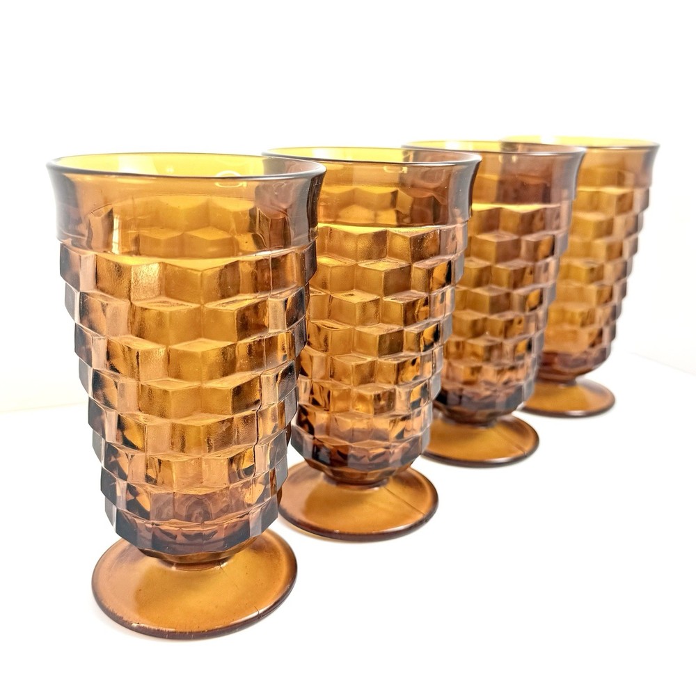 Vintage Mid-Century Modern Indiana Glass Amber Whitehall Goblets 6”  Set of 4