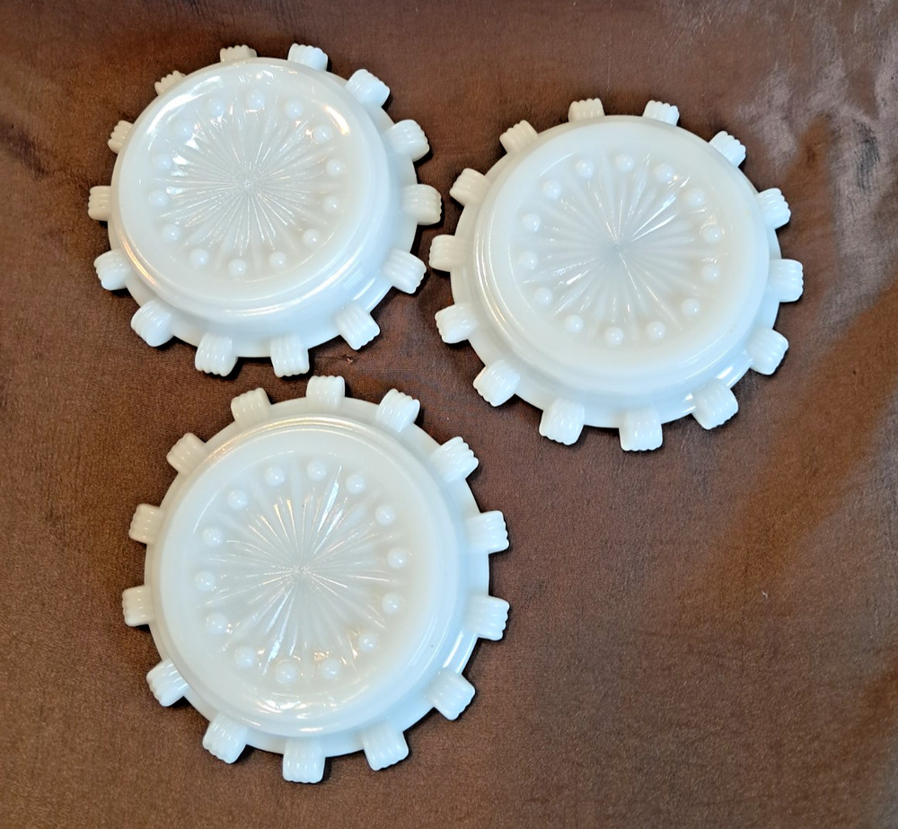 Vintage White Milk Glass Coaster Set of 3 Sunburst Swirl MCM Retro Gear Rim