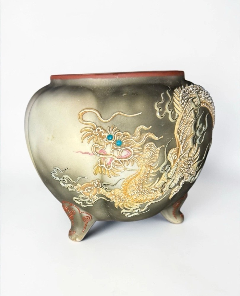 Antique Nippon Hand Painted Moriage Dragon Claw Footed Jardiniere Planter Japan
