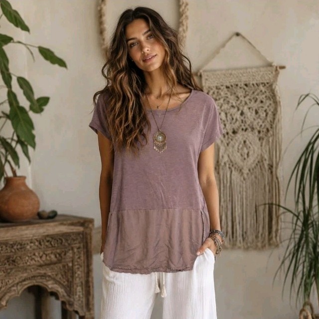 Garnet Hill Silk/Cotton Tunic Tee Rose Mauve Pullover Boho Short Sleeve Size M