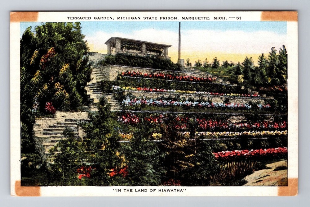 Marquette MI-Michigan, Michigan State Prison, Terraced Garden, Vintage Postcard
