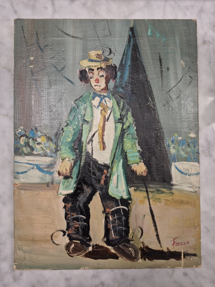 Vintage Italian Clown Oil Painting Signed Frezza – Mid-Century Expressionist Art