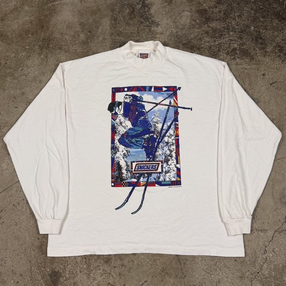 Vintage Mars Snickers Skiing Graphic Print T Shirt Long Sleeve 90s White Size XL
