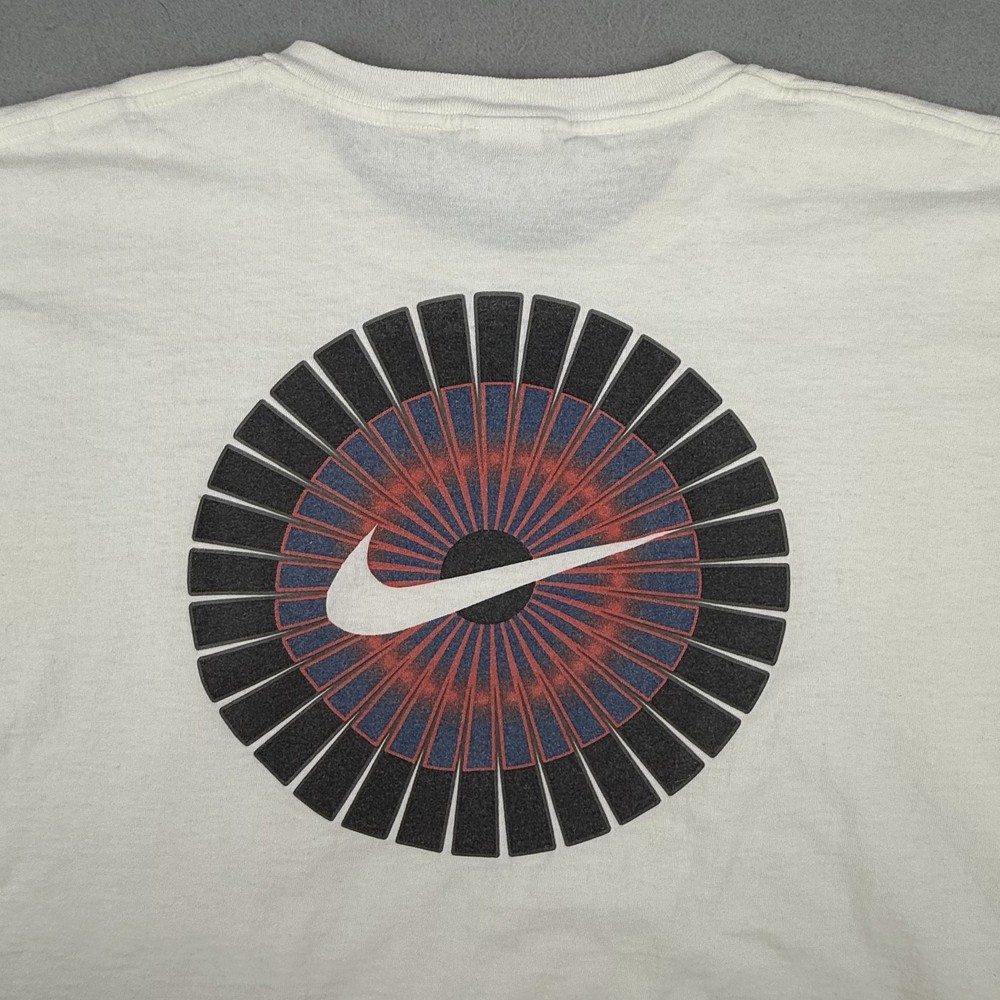 Vintage 90s Nike T-Shirt XL White Tag Sunburst Pinwheel Spiral Graphic Rare