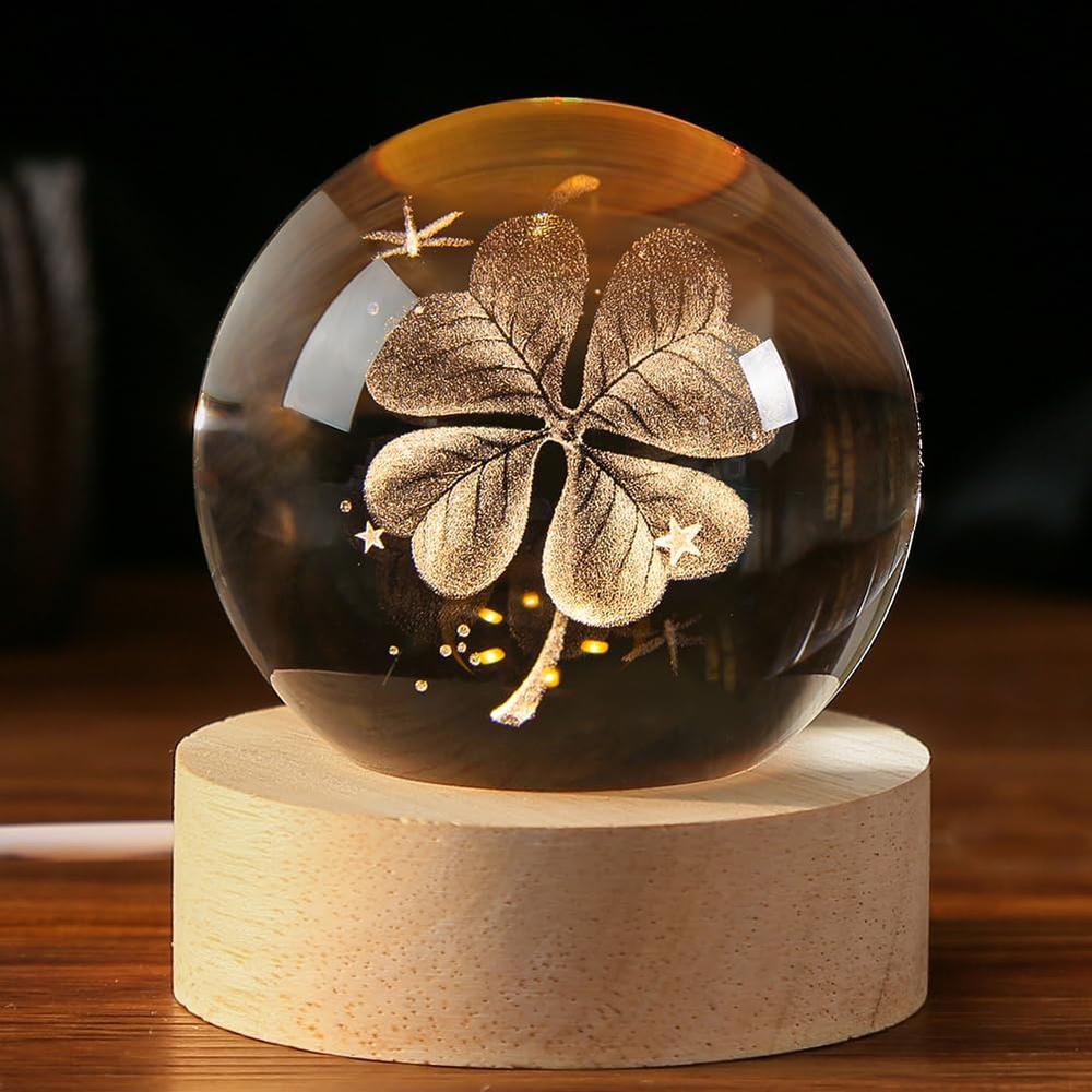 3D Four-Leaf Clover Crystal Ball 60mm with Multicolor Light for Good Luck Gifts