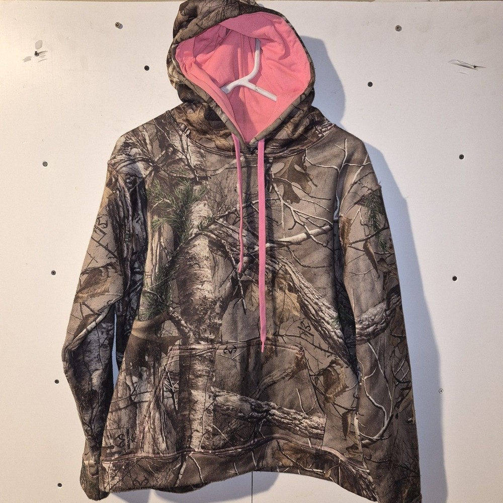 Real Tree Sweatshirt Womens Large Camo Brown Pink Hoodie Long Sleeve Pullover