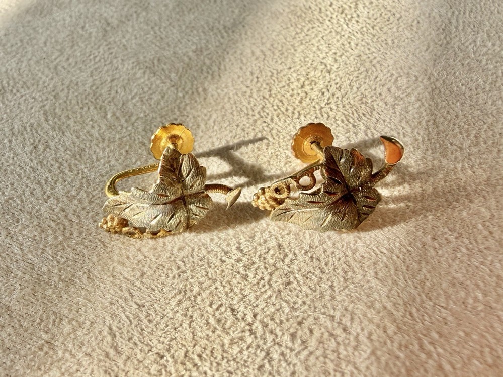 Vintage Black Hills Gold 10K & 12KGF Grape Leaf Screw Back Earrings