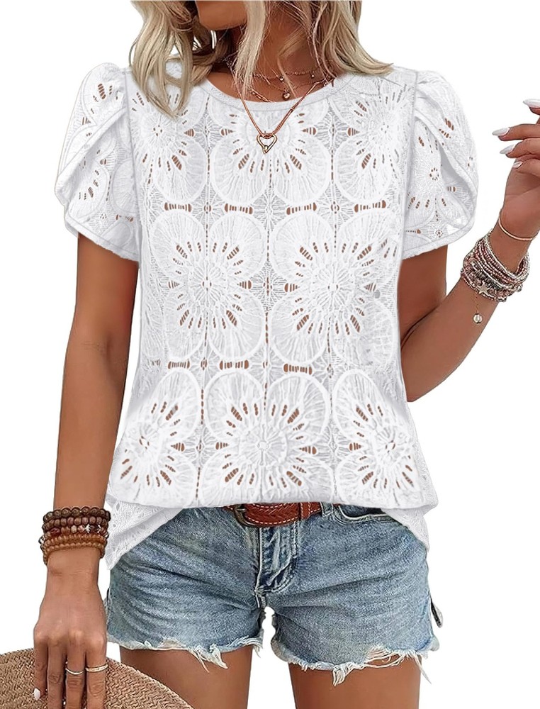 Blouses for Women Dressy Casual Boho Short Sleeve Shirts Crochet Lace Spring ...