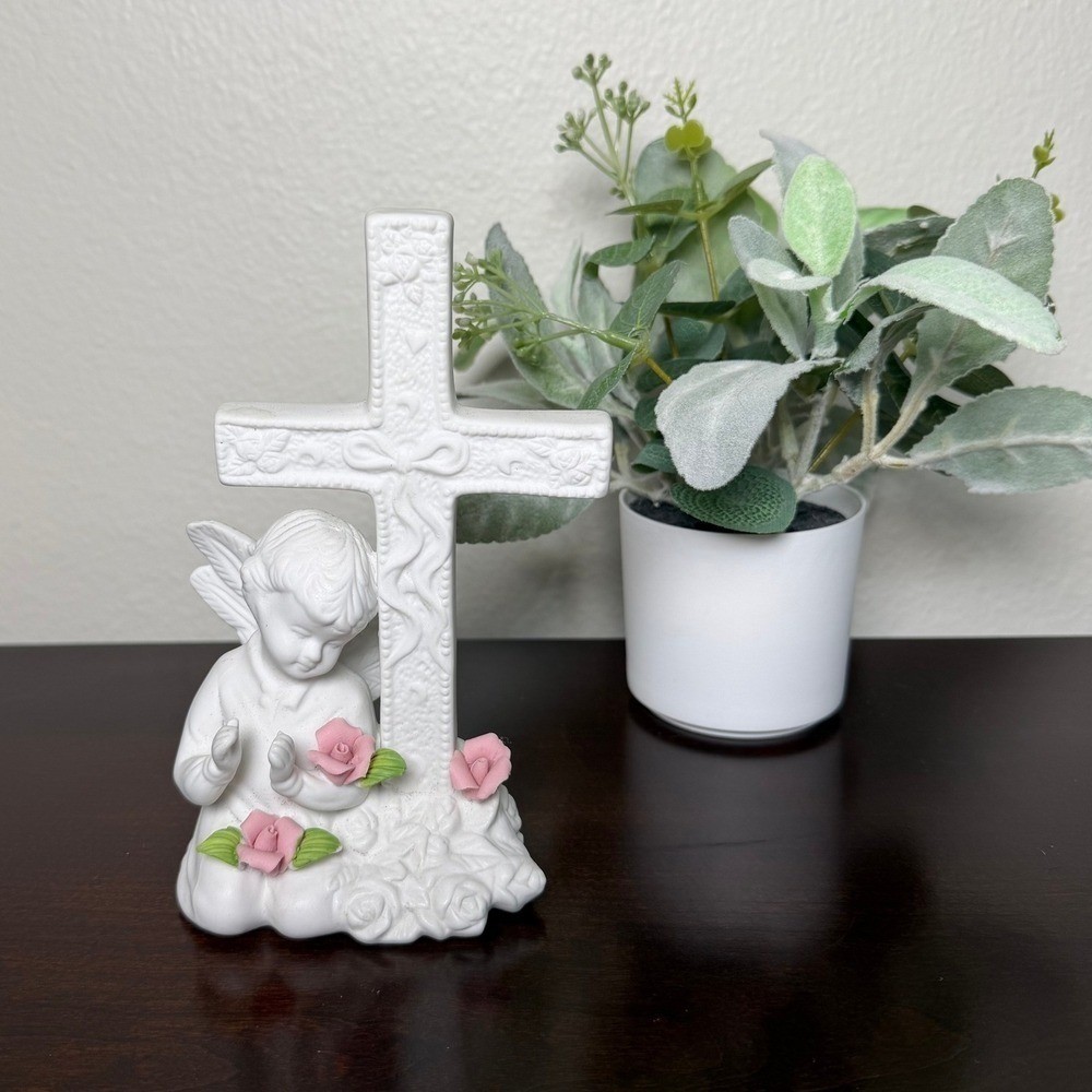 Vintage White Porcelain Praying Angel Cherub with Cross Pink Roses Figurine