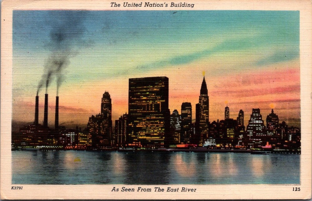 1959 NYC United Nations Building East River Sunset Skyline Postcard