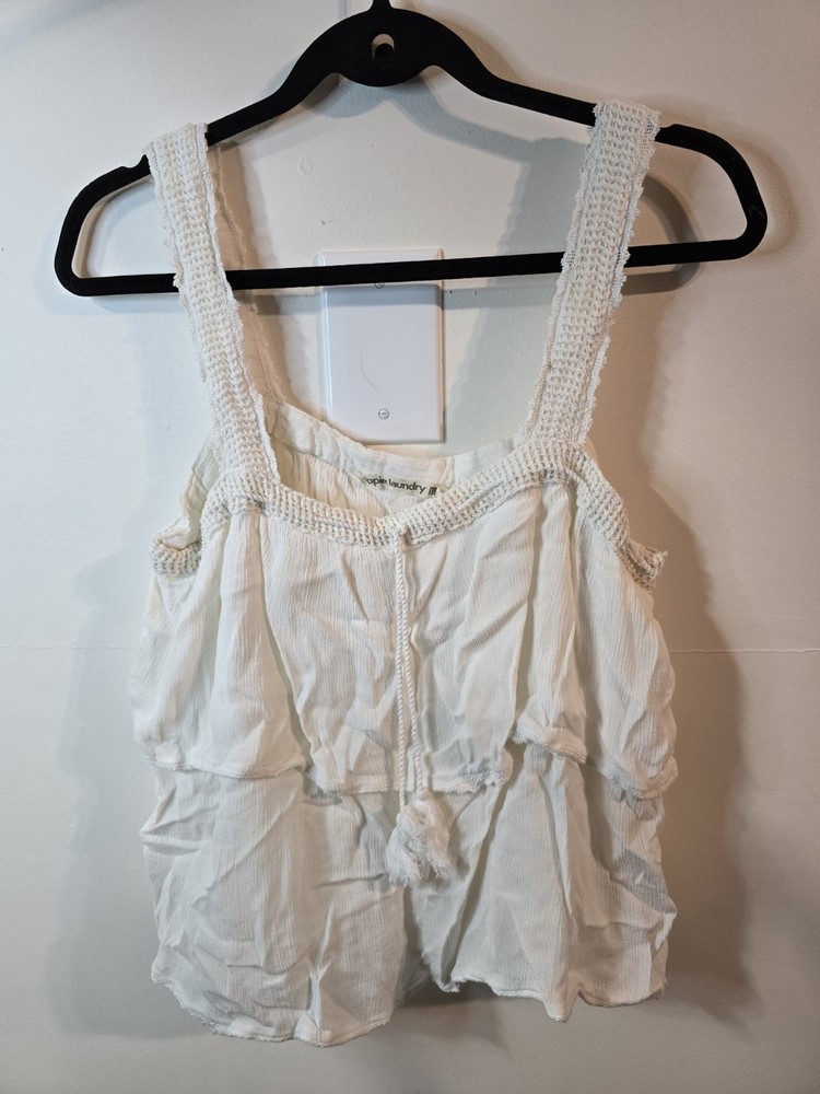 Women’s XL White Crochet Ruffle Tassle Tank Sleeveless Boho Cottagecore Festival