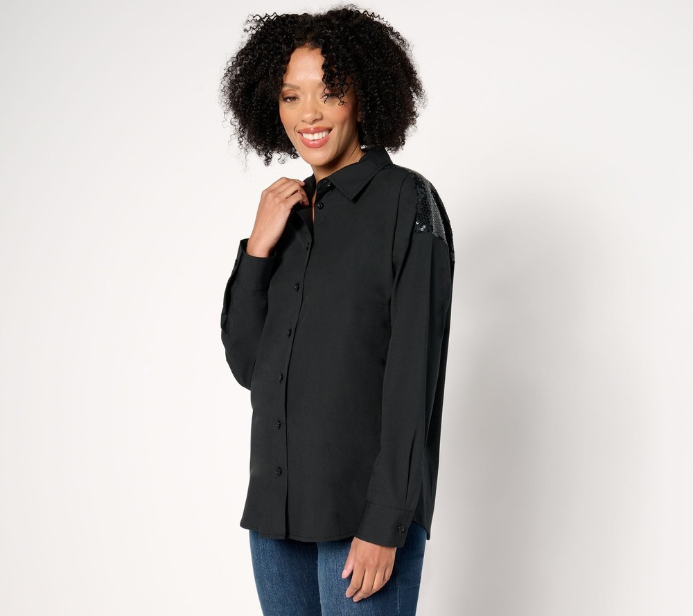 Women with Control Women's Top Sz M Button Front Shirt Sequins Black A670849