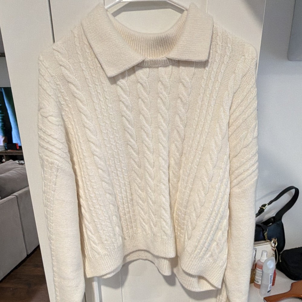 Banana Republic Ivory Cable-Knit Collared Long Sleeve Women's Pullover Sweater M