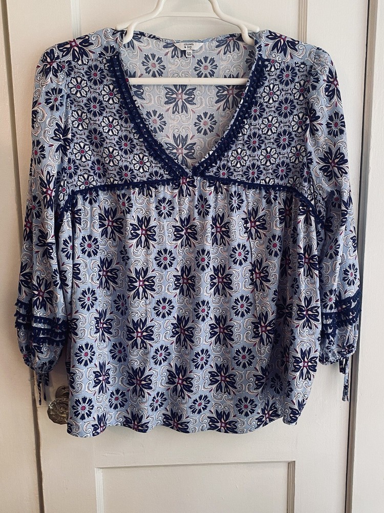 Crown And Ivy Babydoll Peasant Top XXL Blue Tassels