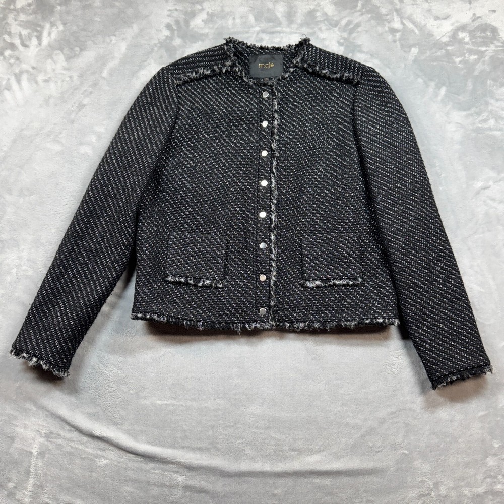 Maje Women's Evening Jacket Collarless Gray/Black Snap Closure size 40