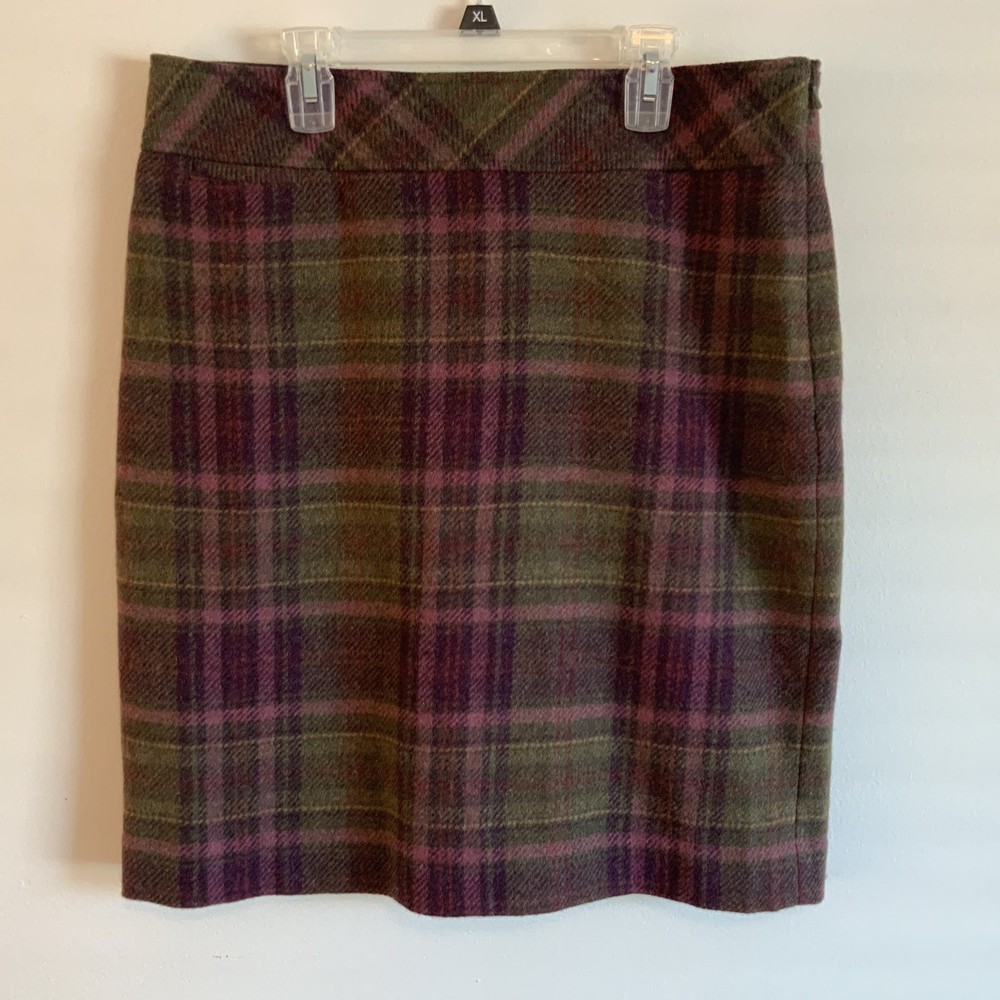 L.L. Bean Plaid Skirt Tartan Straight Purple Green Wool Blend Size 12 Vintage