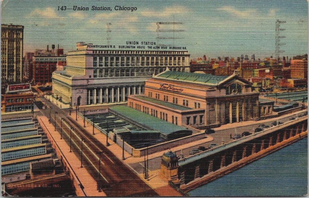 Union Station Chicago Illinois Railroad Linen Postcard c1950 Fred Harvey