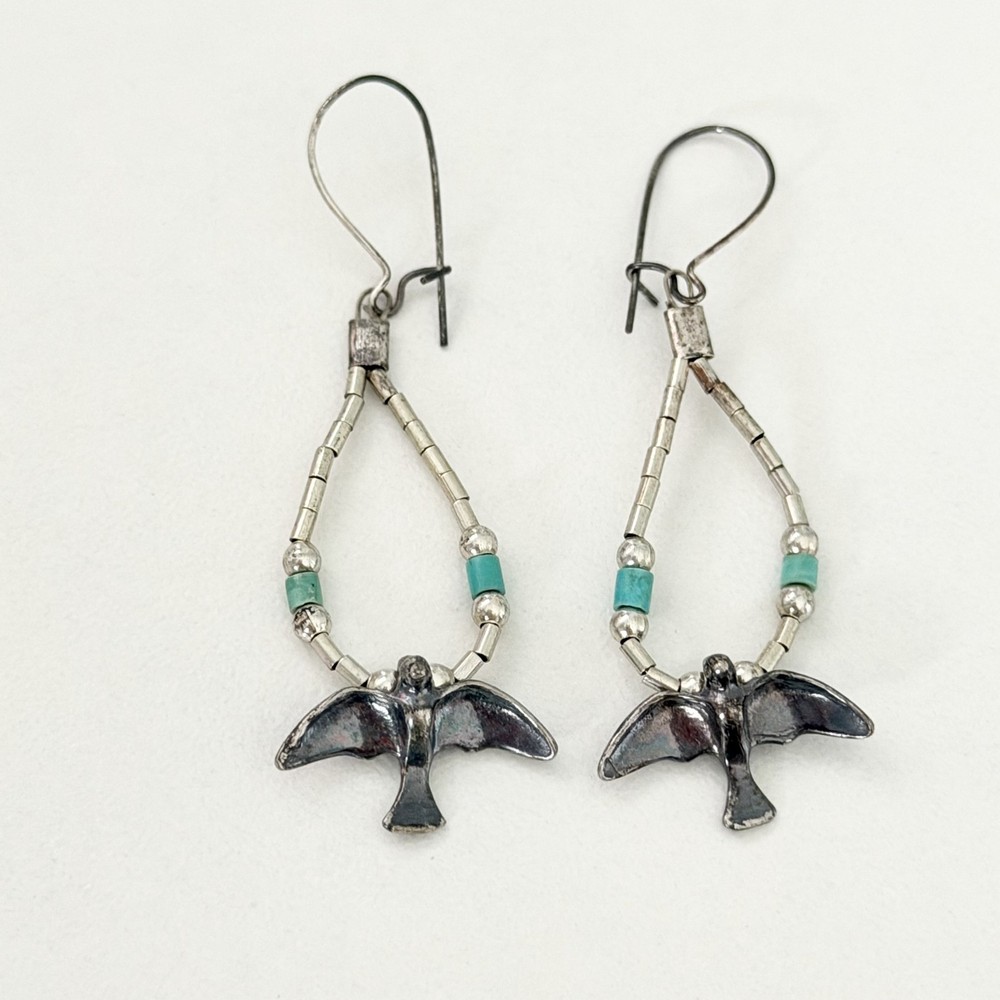 Vintage Sterling Silver Turquoise Flying Bird Southwestern Dangle Earrings