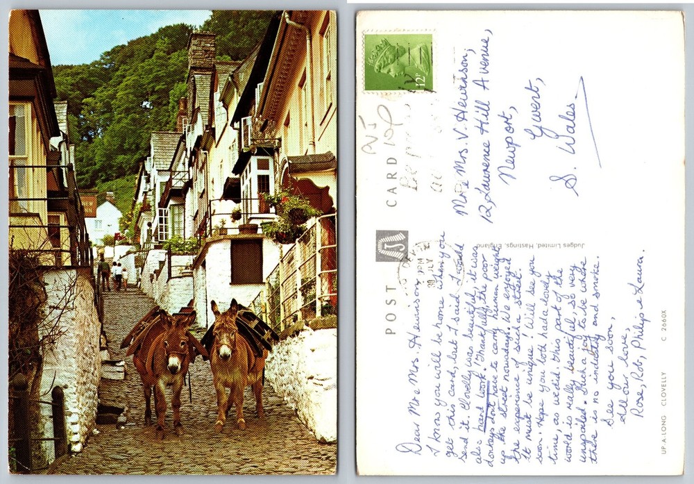 Vintage Clovelly Devon England Postcard - Donkeys Up-a-Long Street 1974