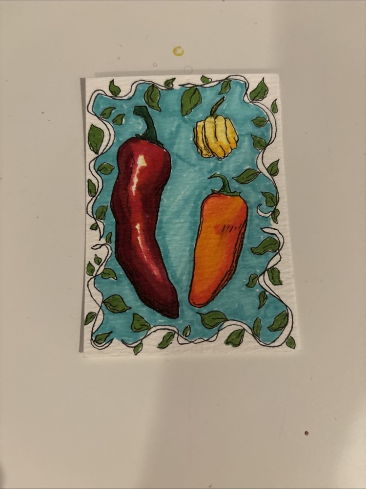 ACEO Original Peppers Marker Drawing On Paper By Janie 2.5x3.5