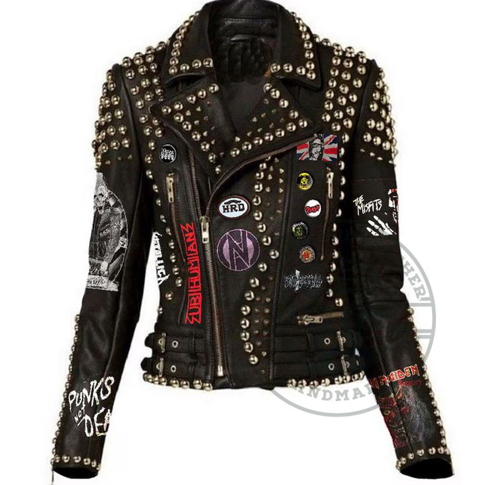 Gothic Silver Studded Biker Leather Jacket for Women - Customizable