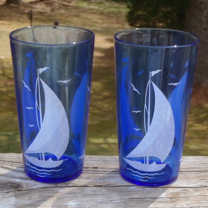 2 Hazel Atlas Sportsman SHIPS Cobalt Depression Glass Flat 10 Oz TUMBLER GLASSES