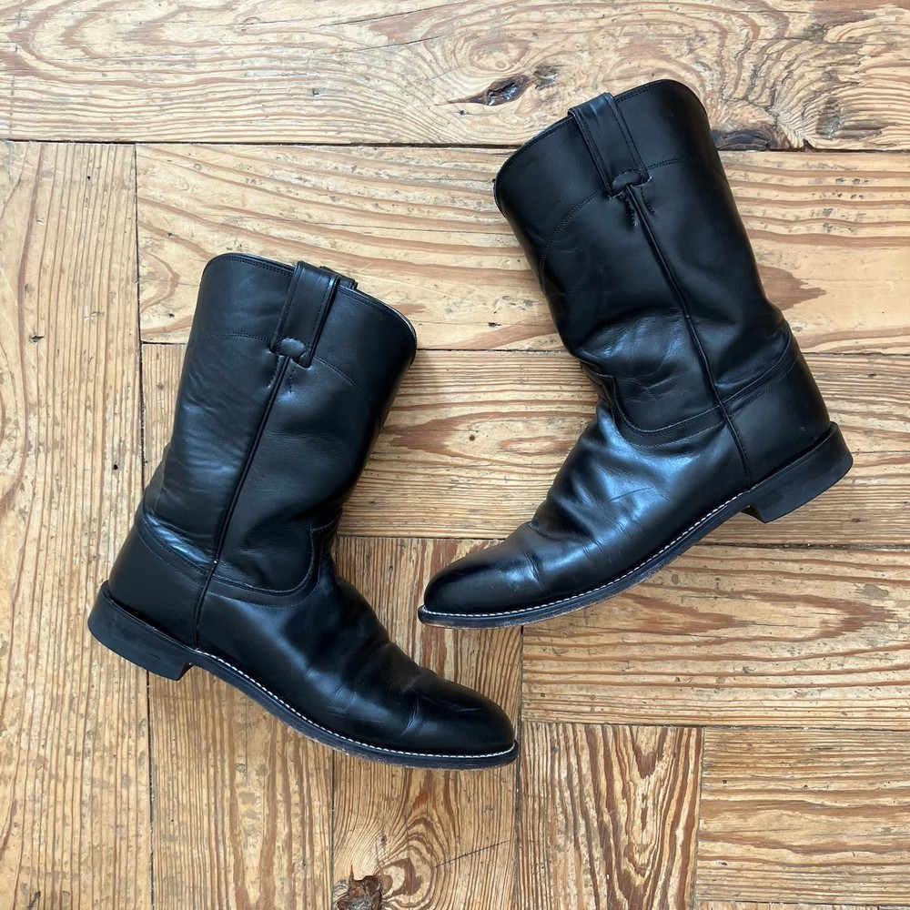 Justin Black Leather Cowboy Boots for Men Size 11.5 Mid Calf Vintage Western USA Made