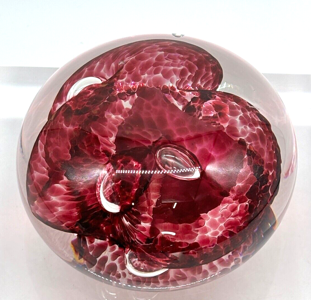 Signed Art Glass Paperweight Deep Pink Abstract Design with Large Placed Bubbles-image