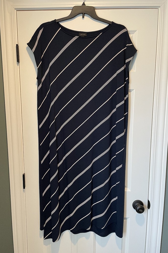 J Jill Wearever Collection Women's Navy Striped Midi Dress Cap Sleeves Size XL