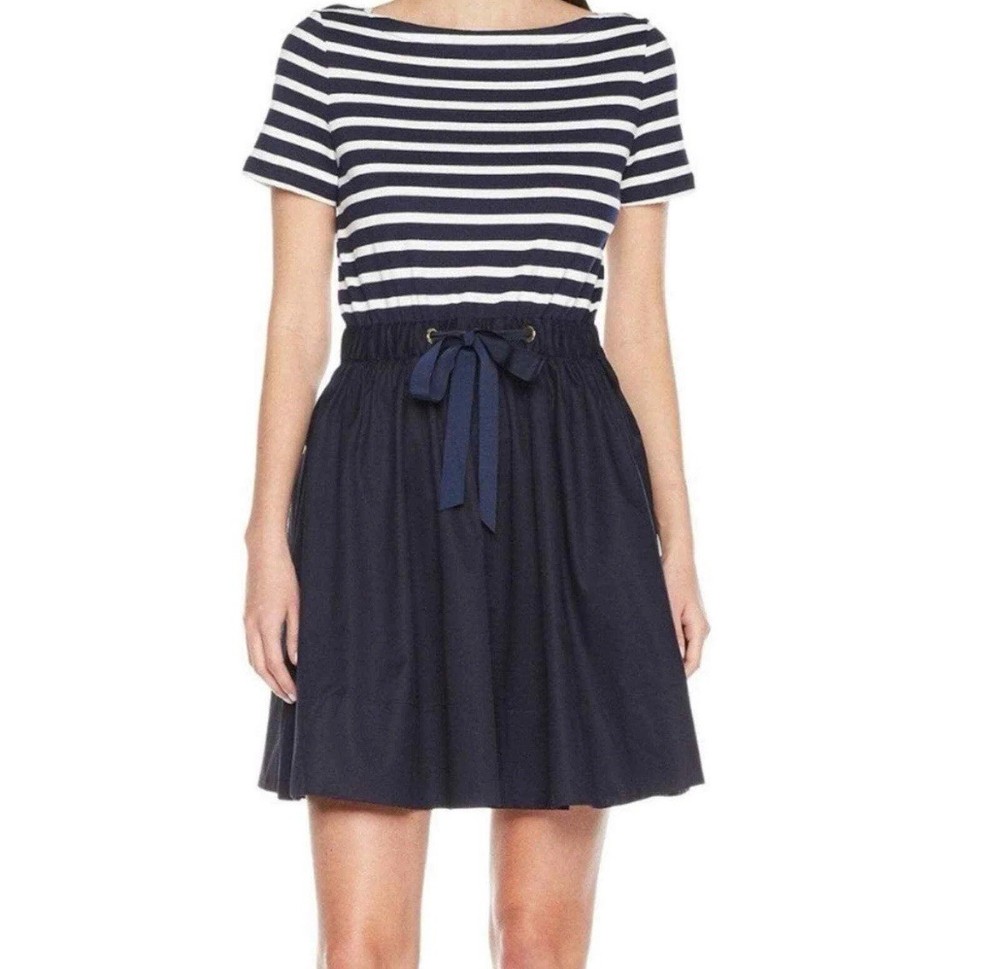 NWT Kate Spade New York Stripe Knit Mixed Media Dress Navy Blue & White Sz XL