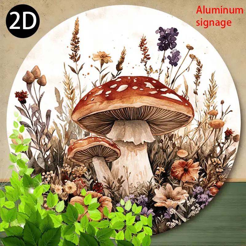 Vintage Mushroom Forest Wildflowers Round Aluminum Wall Art