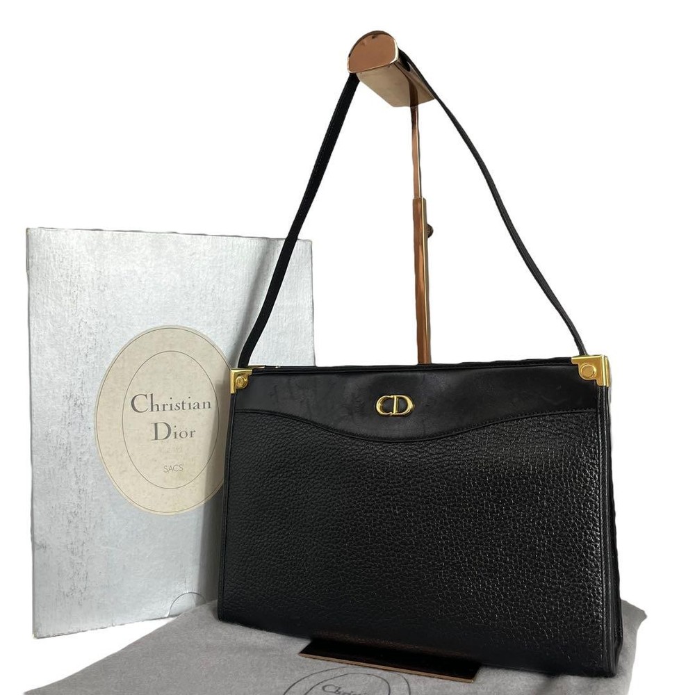 Christian Dior black leather shoulder bag with gold accents 11x7.5in vintage from Japan