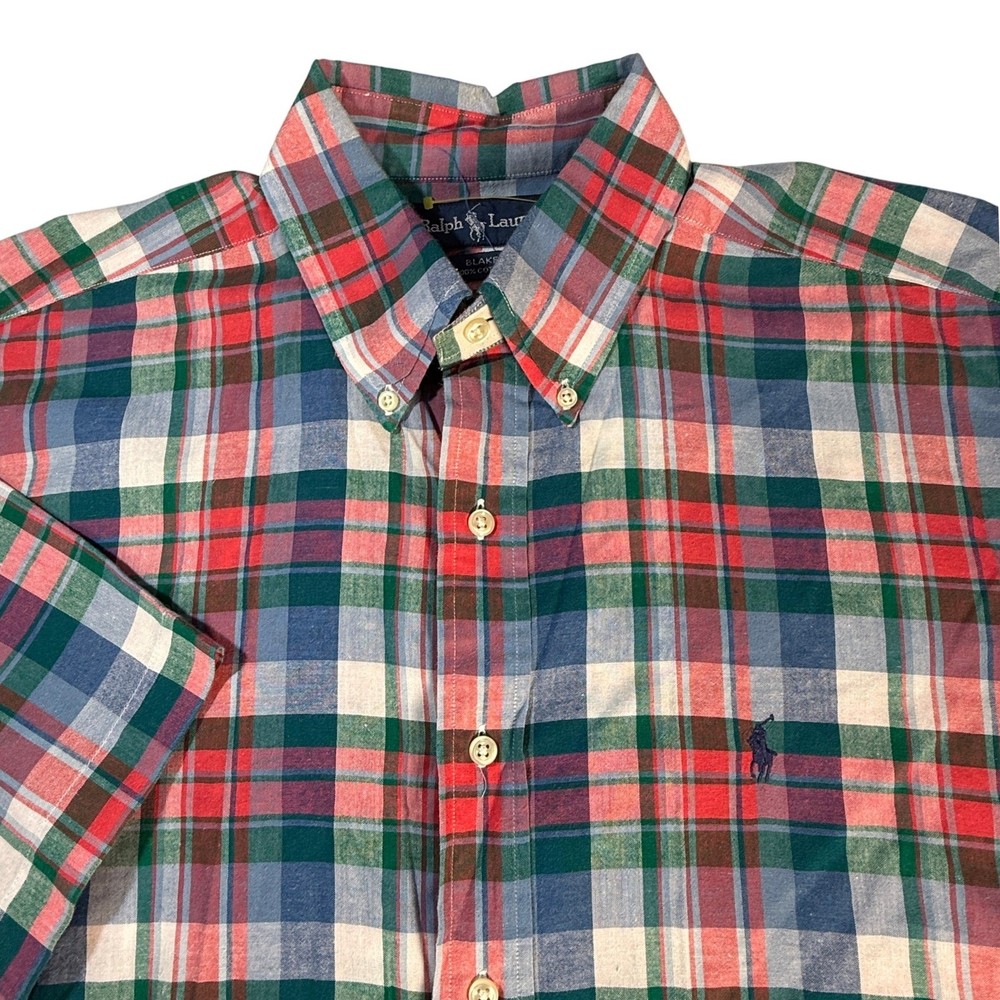 Ralph Lauren Blake Men's Plaid Short Sleeve Button Down Shirt Blue Red Large