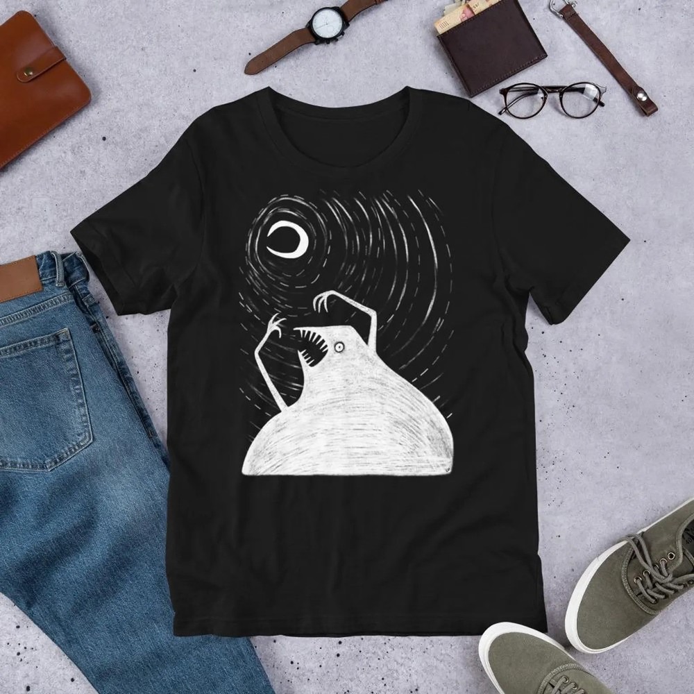 Surreal Monster Moon Graphic T-Shirt Black Abstract Night Art Tee - S555-image