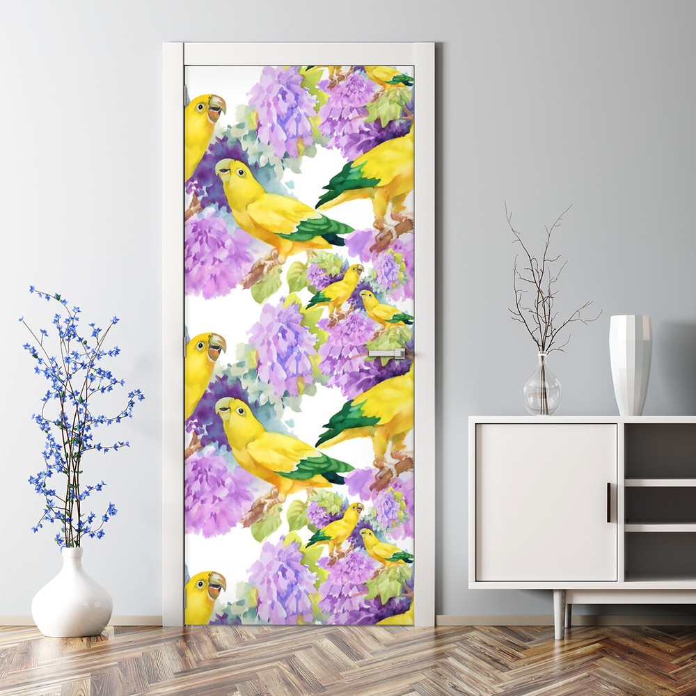Yellow parrots Bubble Free Door sticker yellow mural Self Adhesive Peel & Stick