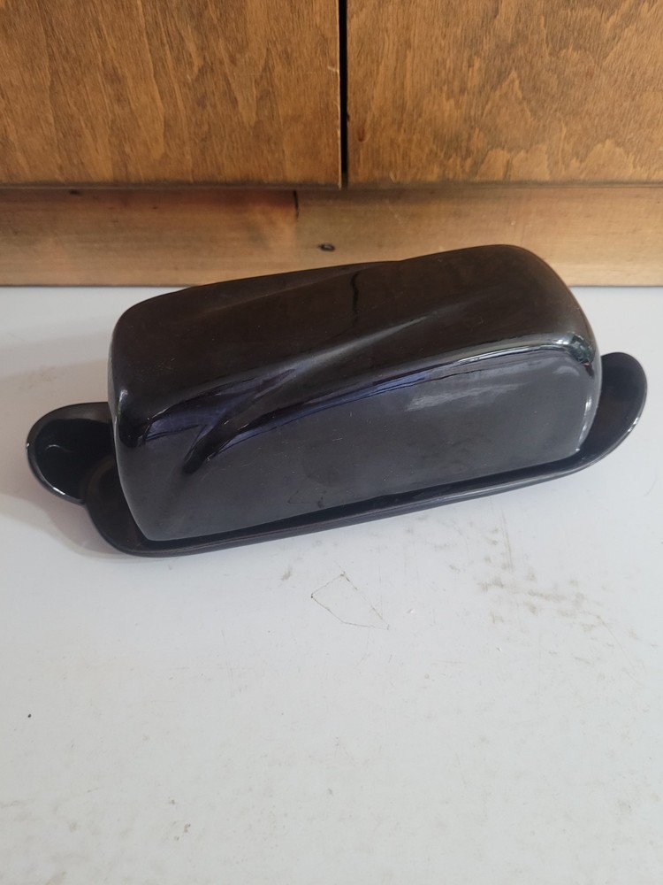 Vintage Frankoma Pottery 4K Navy Covered Butter Dish Art Deco