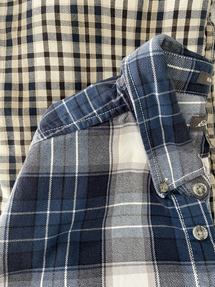 Eddie Bauer Men’s Classic Blue Brown Plaid Flannel Button-Up Shirt Bundle of Two