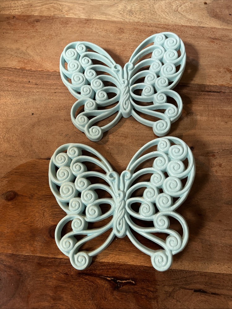 Vintage Burwood 1970’s Butterflies 2146 Wall Hanging Set of 2  Light Blue 6x6.5