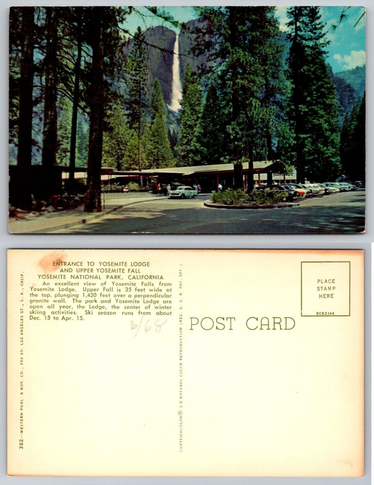 Yosemite Lodge & Falls Vintage Postcard Curteichcolor 1968 California National