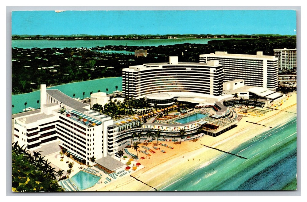 Miami Beach FL Aerial View Fontainebleau Premiere Resort Hotel  Chrome Postcard