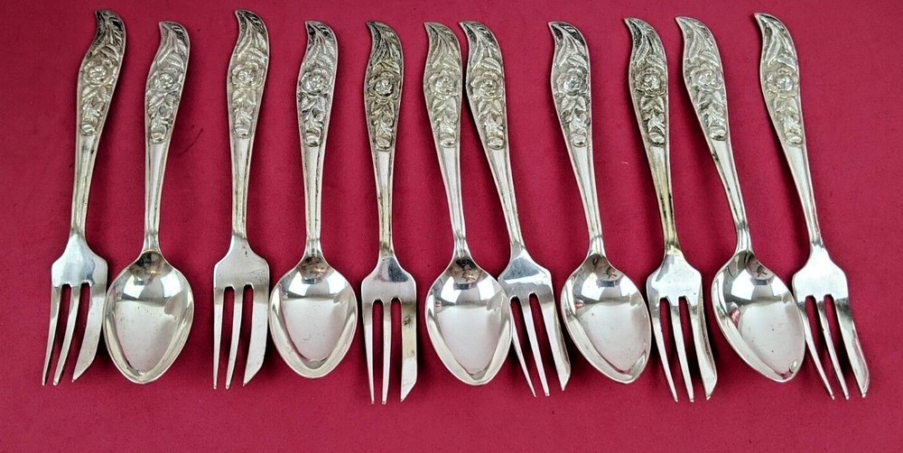Fine Carved Roses Silver Dessert Pastry Set Spoons & Pastry Forks 11 pcs