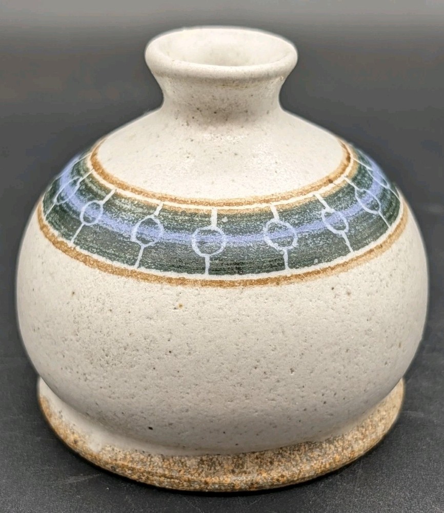 Vintage Studio Pottery Weed Pot Vase Geometric Blue Green Band Small Stoneware