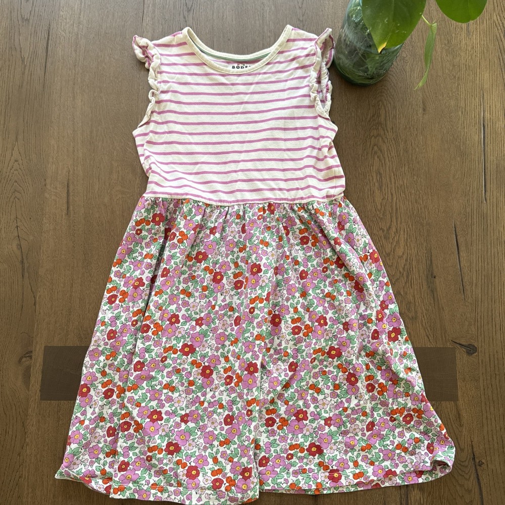 Mini Boden 11-12 Pink Stripe Dress With Flowers, Cute!