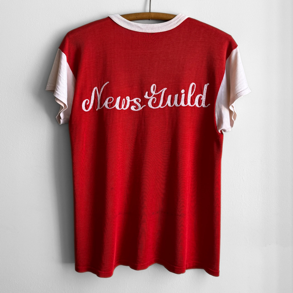 Vintage 1960s News Guild Red White Chainstitch Tee Jersey Small Durene Rayon
