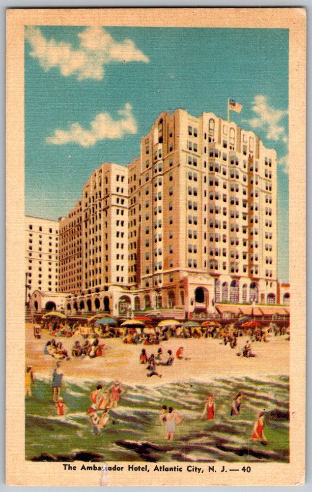Vtg Linen Postcard Ambassador Hotel Beach Atlantic City, NJ 1940s