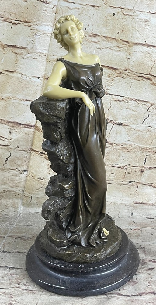 Signed Preiss Lovely Woman Standing next to a Rock Bronze Marble Base Artwork