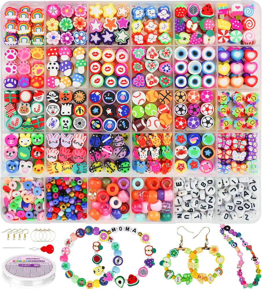 1000 PCS Polymer Clay Beads Bracelet Making Kit 30 Style Cute Fun Fruit Flower