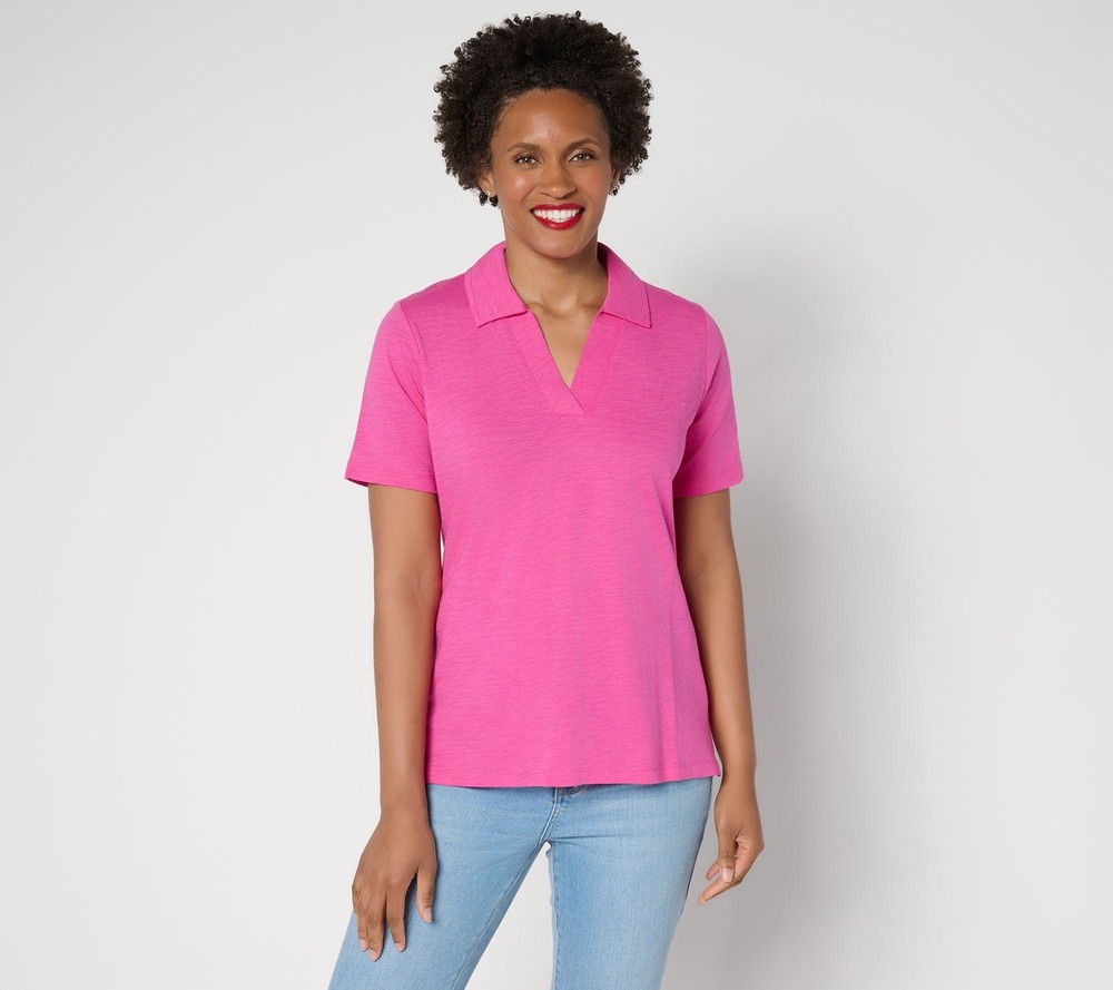Belle by Kim Gravel Women's Top Plus Sz 4X Slub Knit Preppy Polo Pink A691743